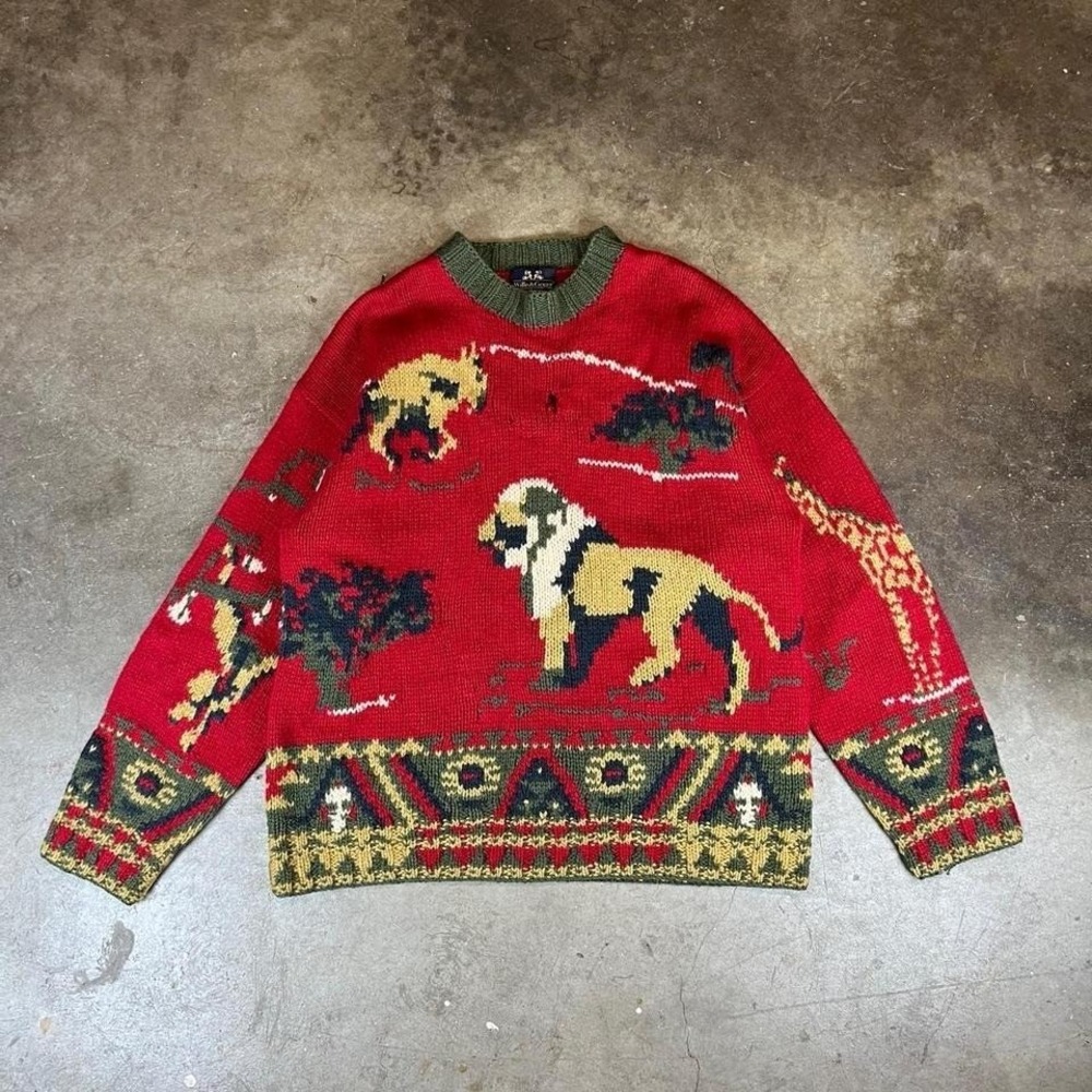 Vintage 90s red & green knit safari sweater Size men's medium